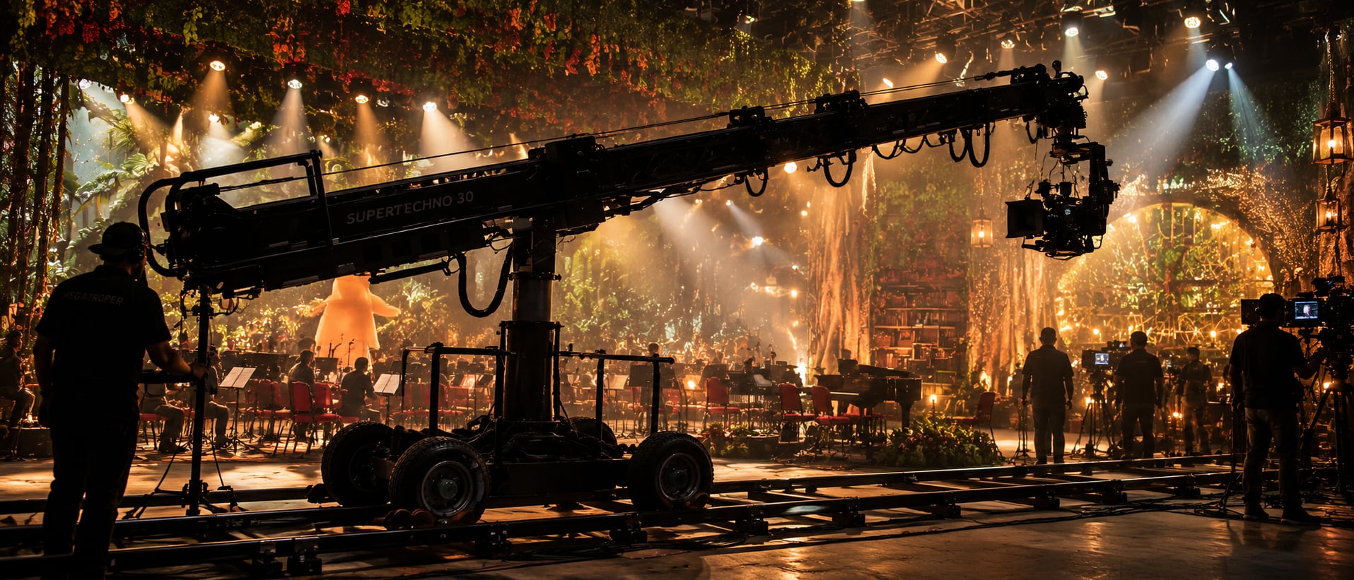 Imagem conceitual de uma grua de câmera em um cenário de produção audiovisual.